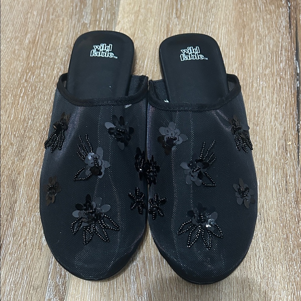 Wild Fable Black Beaded and Sequined Mesh Slip on Mules